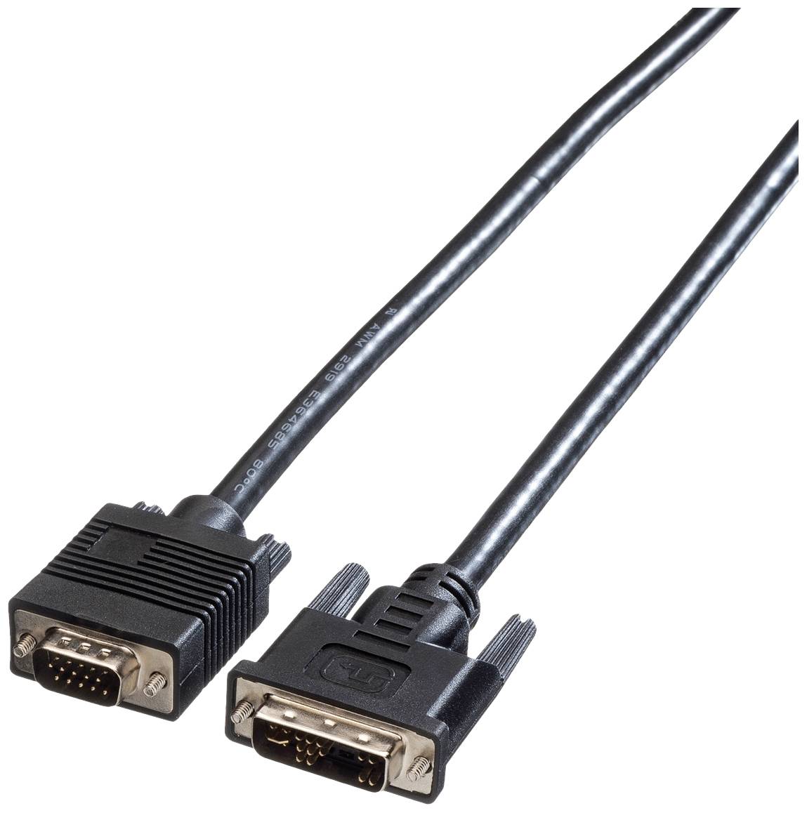 Ein schwarzes VGA-Kabel mit zwei Steckverbindern, jeweils mit 15 Pins. An den Enden sind ein männlicher und ein weiblicher Anschluss zu sehen.
