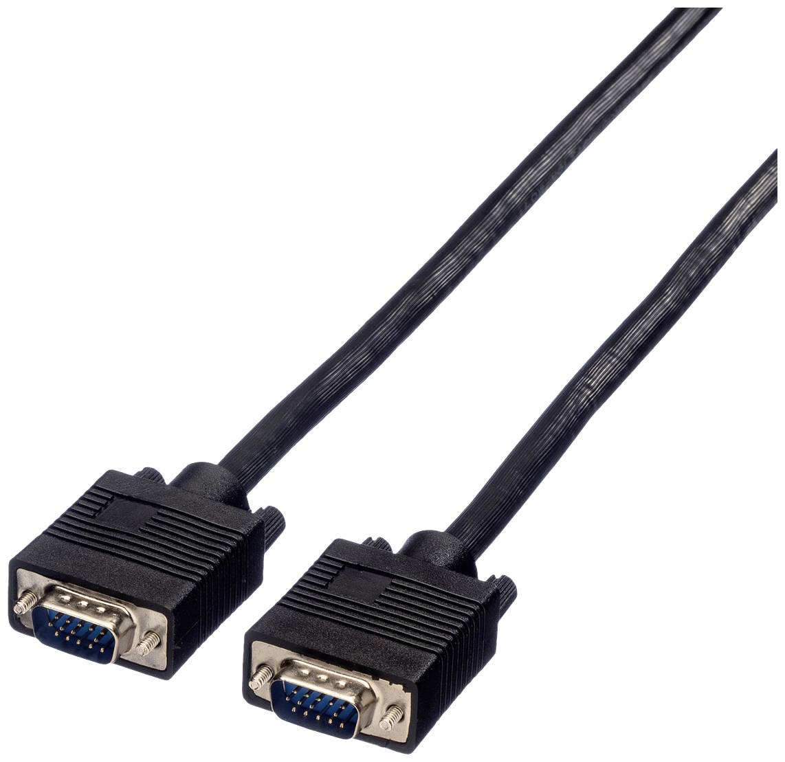 VGA-Kabel mit zwei Steckern, verbunden durch ein schwarzes Kabel, zum Anschluss von Monitoren oder Projektoren an Computer.