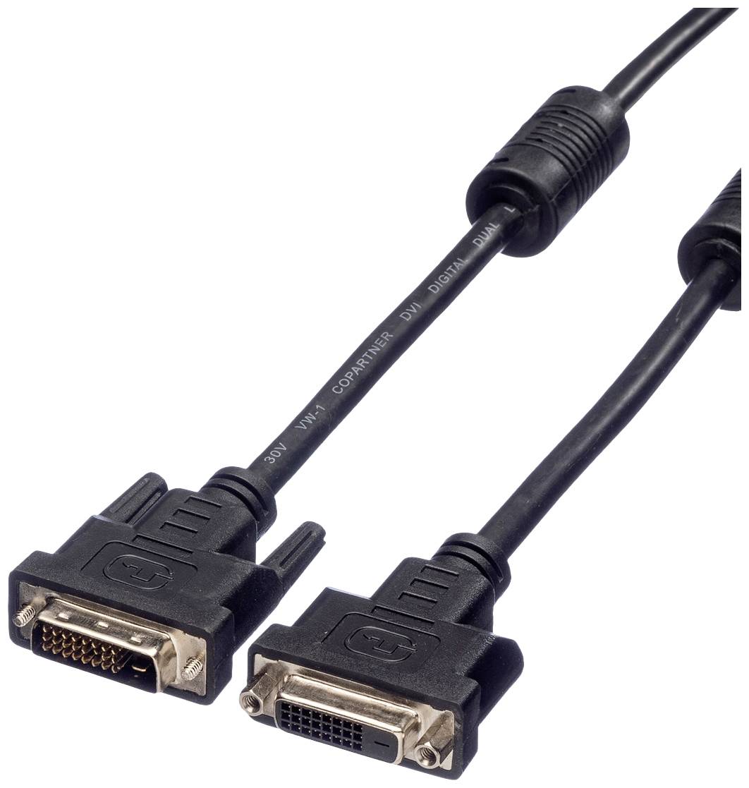 Ein schwarzes DVI-Kabel mit zwei Steckern, die vergoldete Kontakte haben. Es dient der Verbindung von Videogeräten.