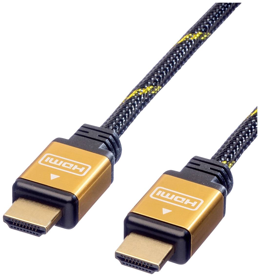 Schwarz-goldenes HDMI-Kabel mit zwei Steckern, die mit 'HDMI' beschriftet sind.