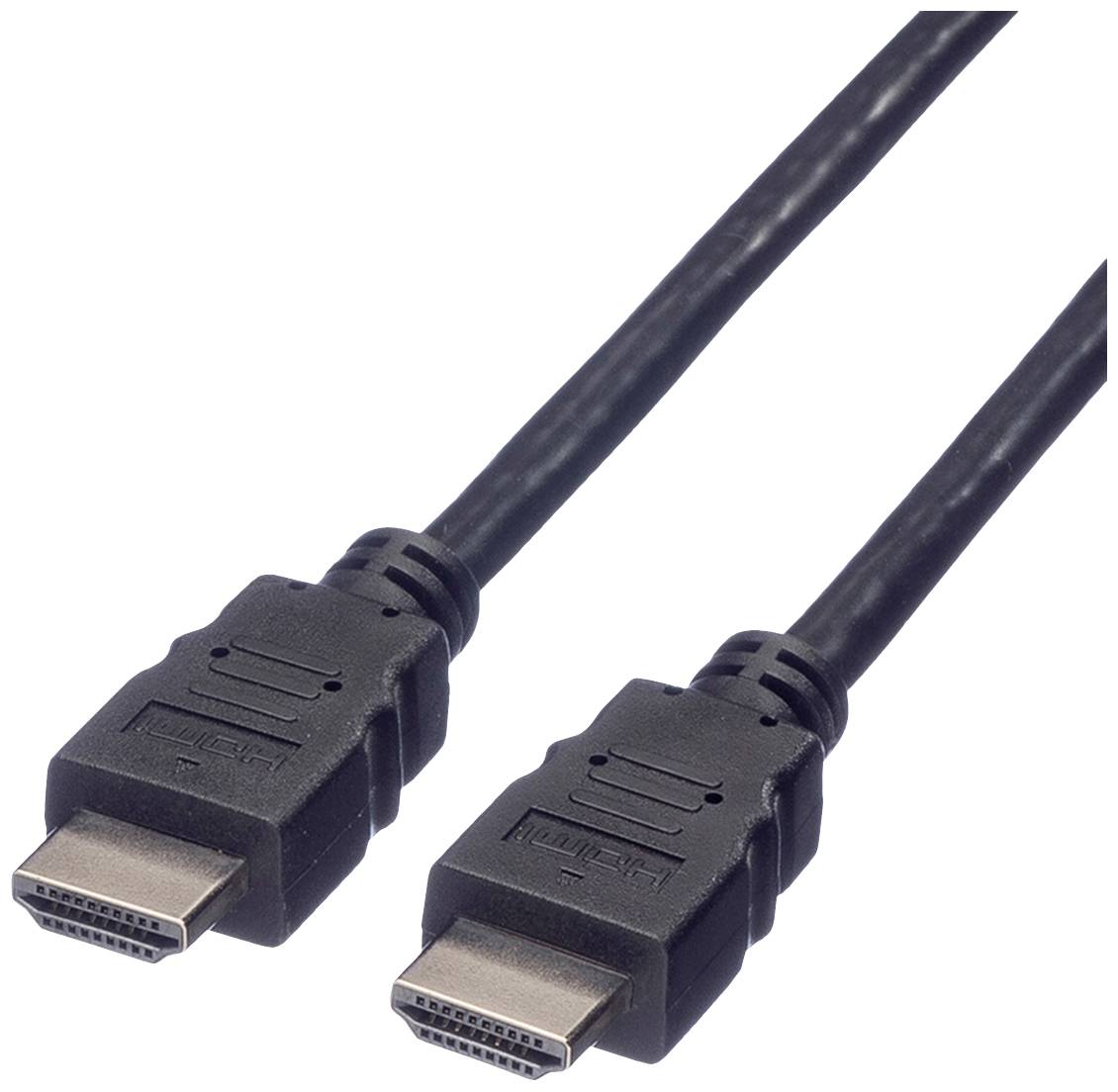 Ein schwarzes HDMI-Kabel mit zwei Anschlüssen, geeignet zum Übertragen von Audio- und Videosignalen zwischen Geräten wie Fernsehern und Computern.