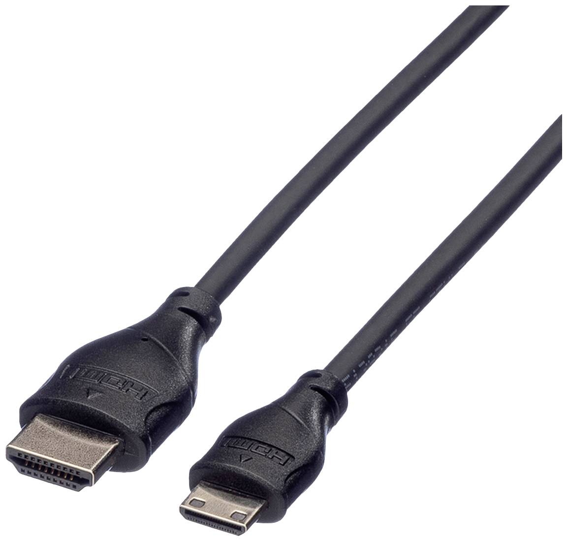 Ein schwarzes HDMI-zu-Micro-HDMI-Kabel, gezeigt mit beiden Steckern sichtbar.