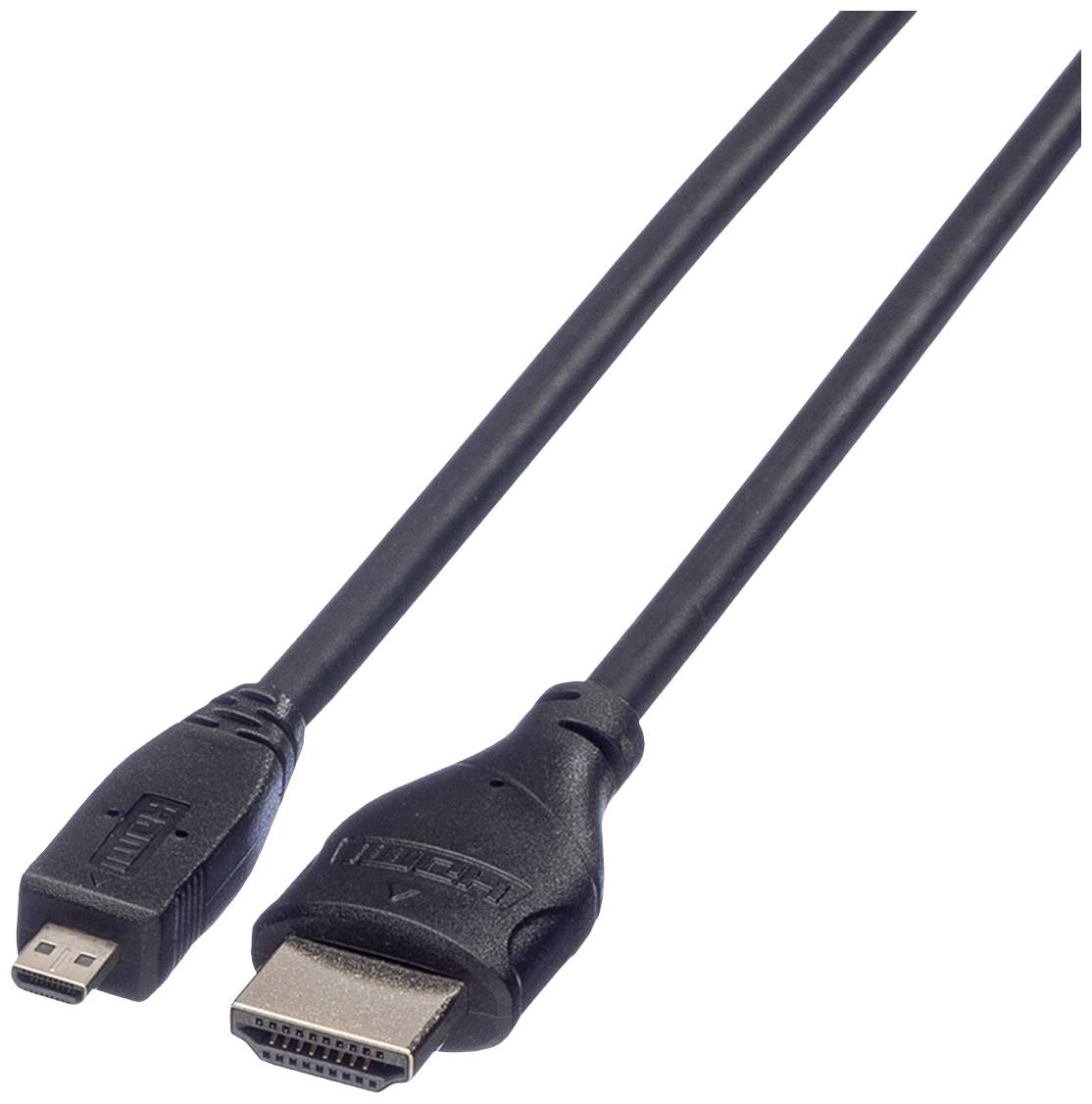 Ein schwarzes HDMI-Kabel mit einem Standard-HDMI-Stecker auf der einen und einem Micro-HDMI-Stecker auf der anderen Seite.