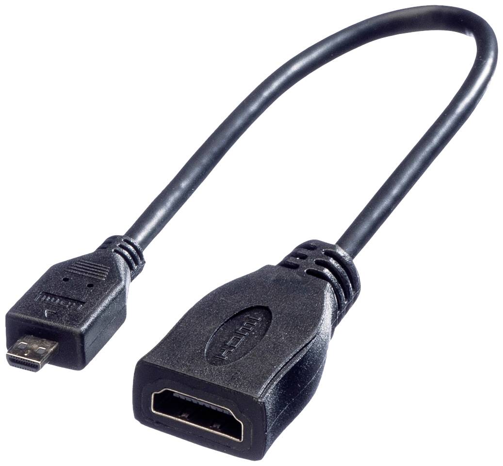 Ein schwarzes Micro-USB-zu-HDMI-Kabeladapter, das zur Verbindung von Geräten mit verschiedenen Anschlüssen dient.
