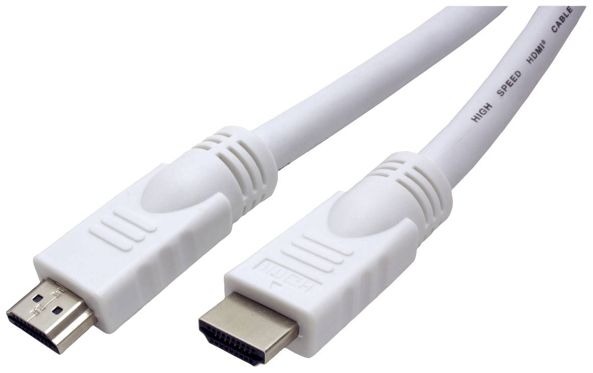 Weißes HDMI-Kabel mit zwei Steckern, die digitale Audio- und Videodaten übertragen. Geeignet für TV, Monitor oder Projektor.