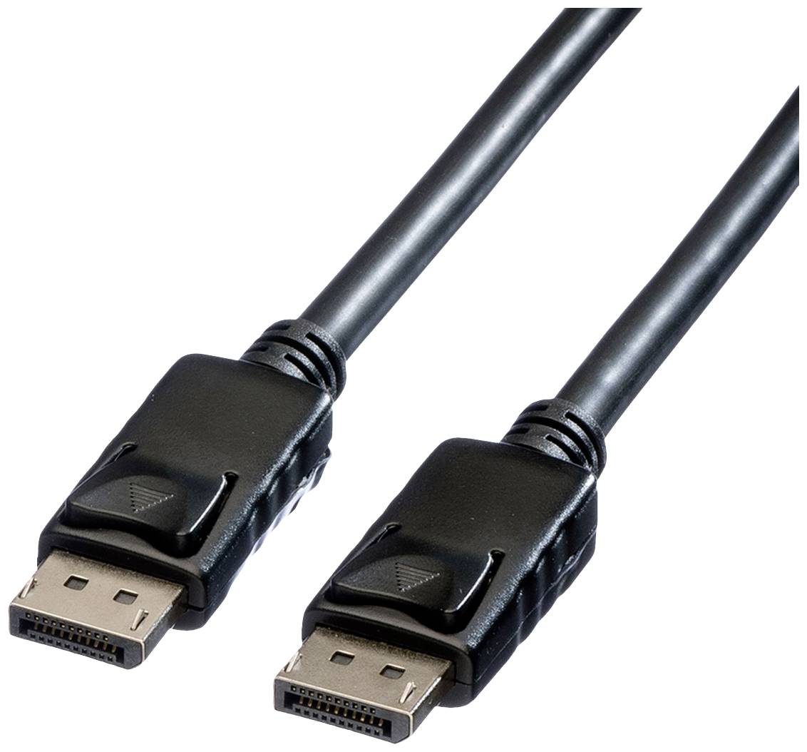 Schwarzes DisplayPort-Kabel mit zwei identischen Steckern für den Anschluss von Computern an Monitore oder andere Displays.