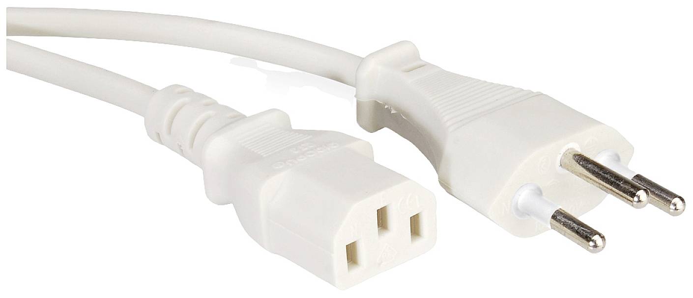 Ein weißes Netzkabel mit einem männlichen Eurostecker auf einer Seite und einer weiblichen Buchse auf der anderen Seite.