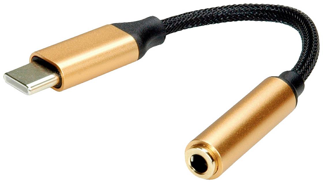 Ein USB-C-Adapter mit kupferfarbenem Design, der einen USB-C-Stecker mit einer 3,5-mm-Kopfhörerbuchse verbindet.