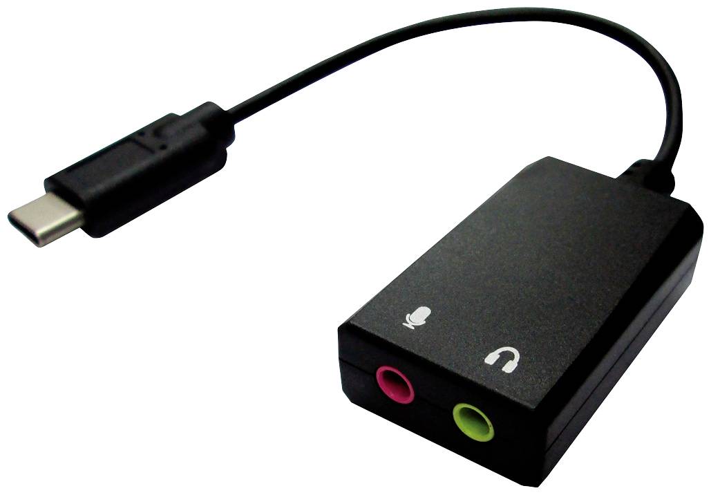 Externe USB-C-Soundkarte mit einem Kabel und Anschlüssen für Kopfhörer (grün) und Mikrofon (pink). Geeignet für Computer-Audio.