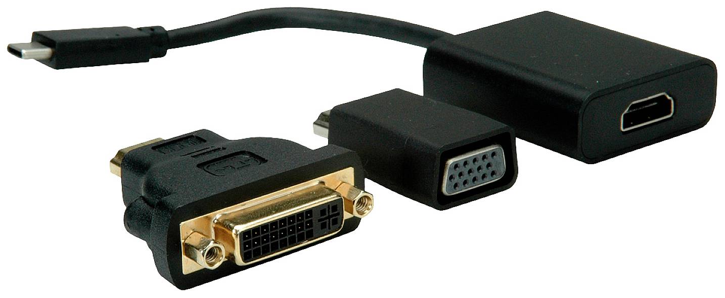 Verschiedene Adapter nebeneinander: USB-C, HDMI und DVI, verbunden durch ein kurzes Kabel.