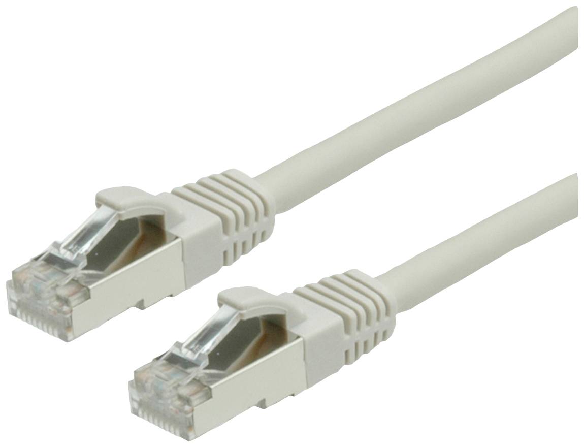 Zwei beige Ethernet-Kabel mit RJ45-Steckern zum Verbinden von Netzwerkgeräten.