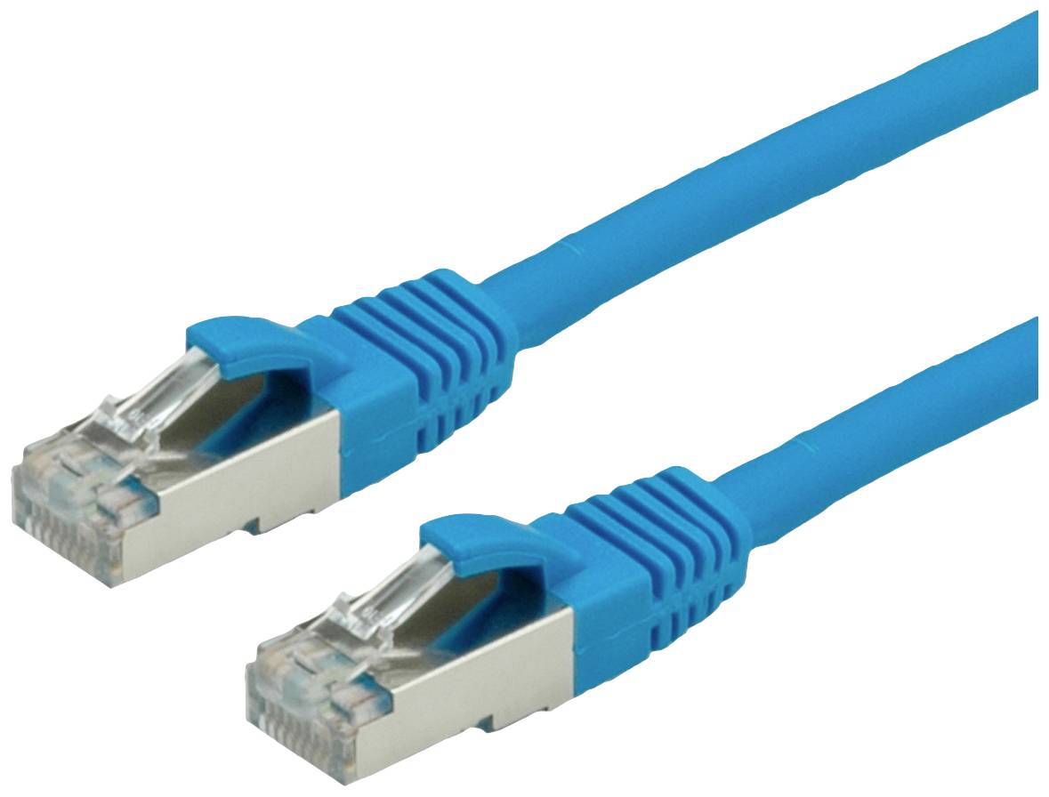 Blaues Ethernet-Kabel mit RJ45-Steckern an beiden Enden, verwendet für Netzwerkverbindungen.
