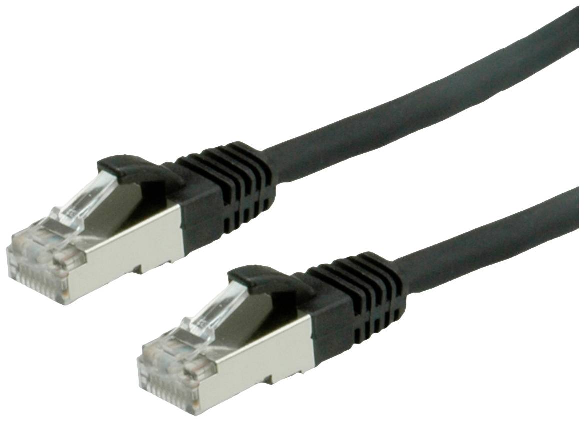 Zwei schwarze Ethernet-Kabel mit RJ45-Steckern an beiden Enden, zum Verbinden von Computern mit Netzwerken.