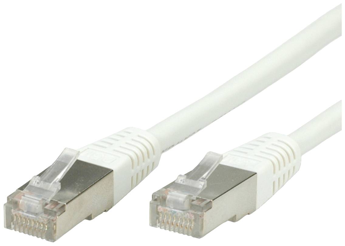 Weißes Ethernet-Kabel mit zwei RJ45-Steckern, bereit zum Verbinden von Netzwerkgeräten.
