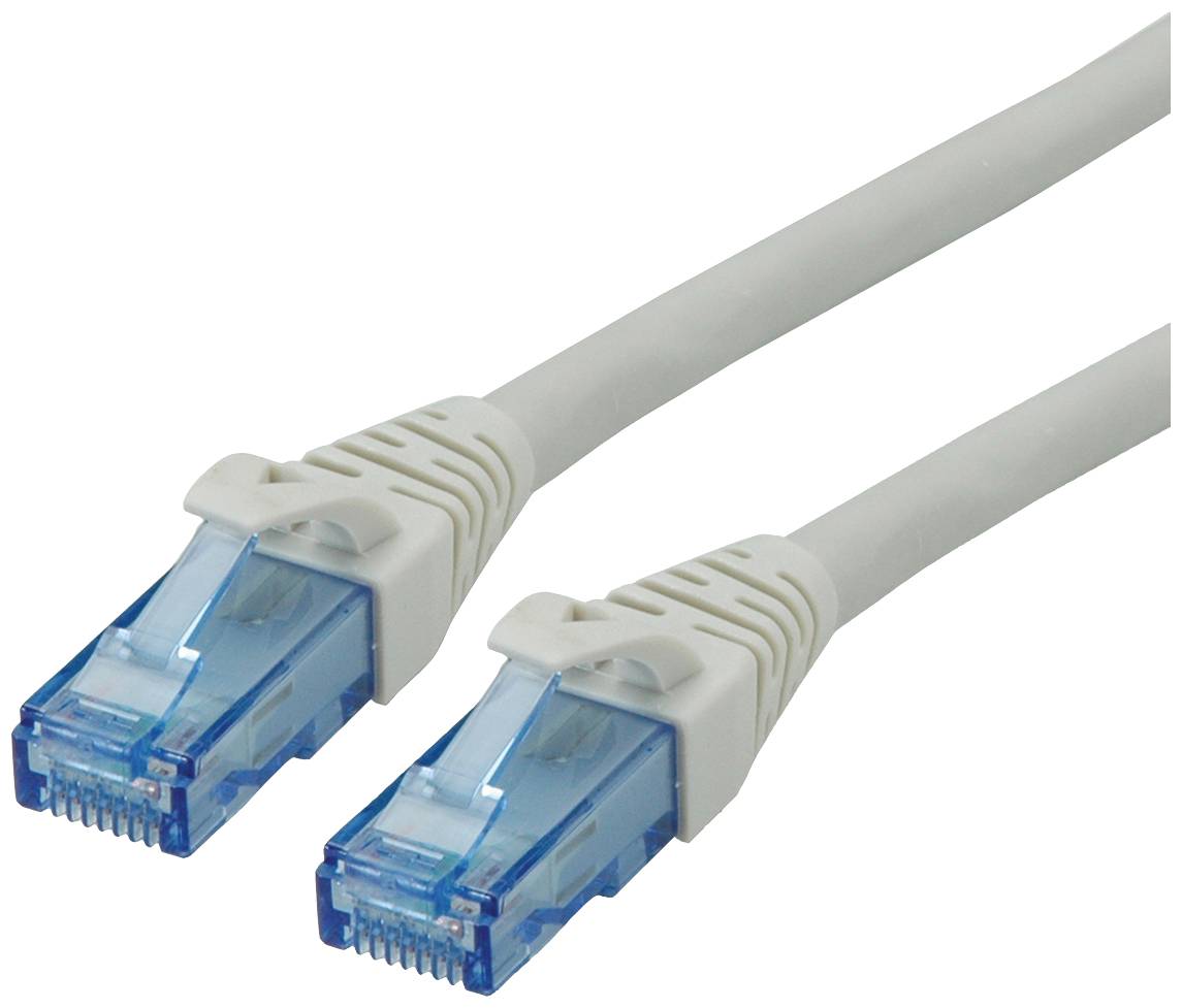 Ein graues Ethernet-Kabel mit blauen Steckern an beiden Enden, verwendet für Netzwerkverbindungen.