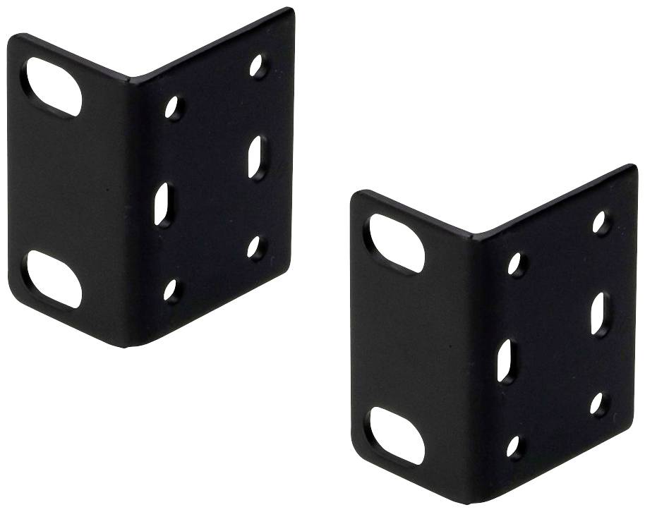 Zwei schwarze Metallwinkel, jeweils mit mehreren Löchern, die für die Montage oder Befestigung verwendet werden können.