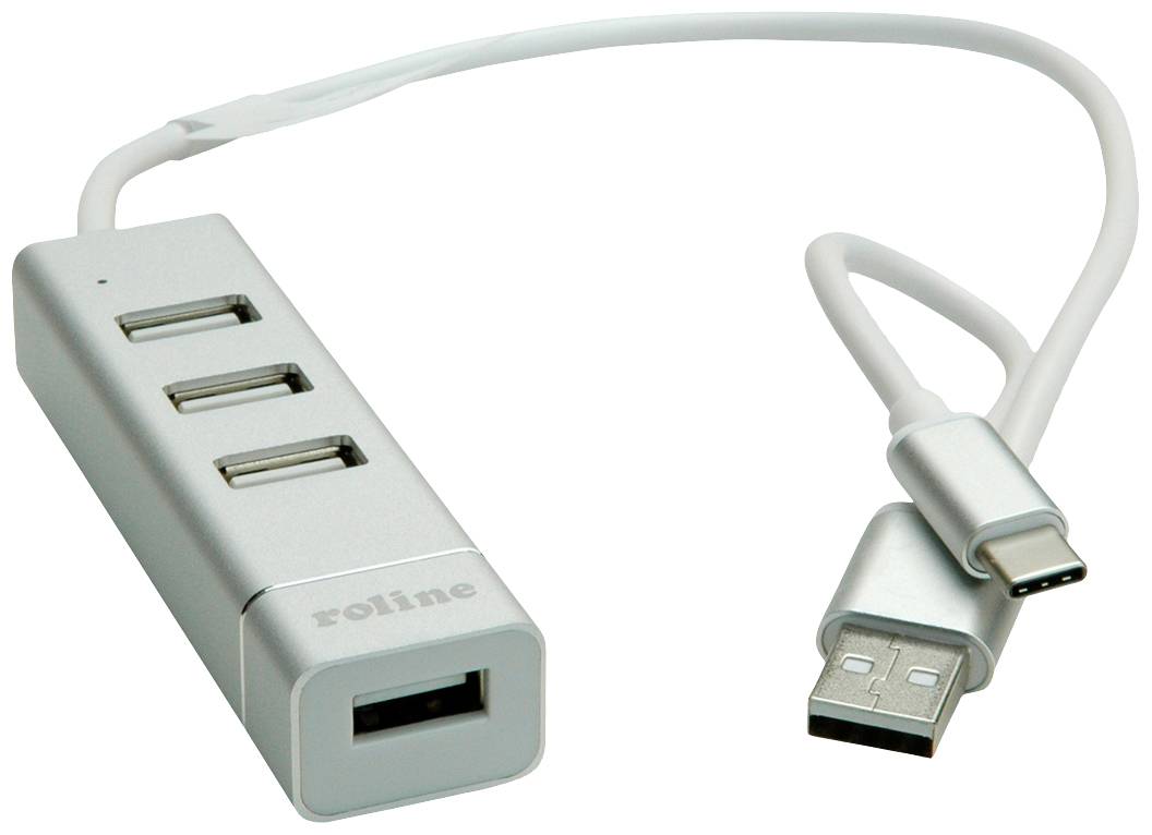 Ein silberner USB-Hub mit drei USB-Anschlüssen und einem USB-Type-C-Kabel, geeignet zur Erweiterung von USB-Verbindungen an Computern.