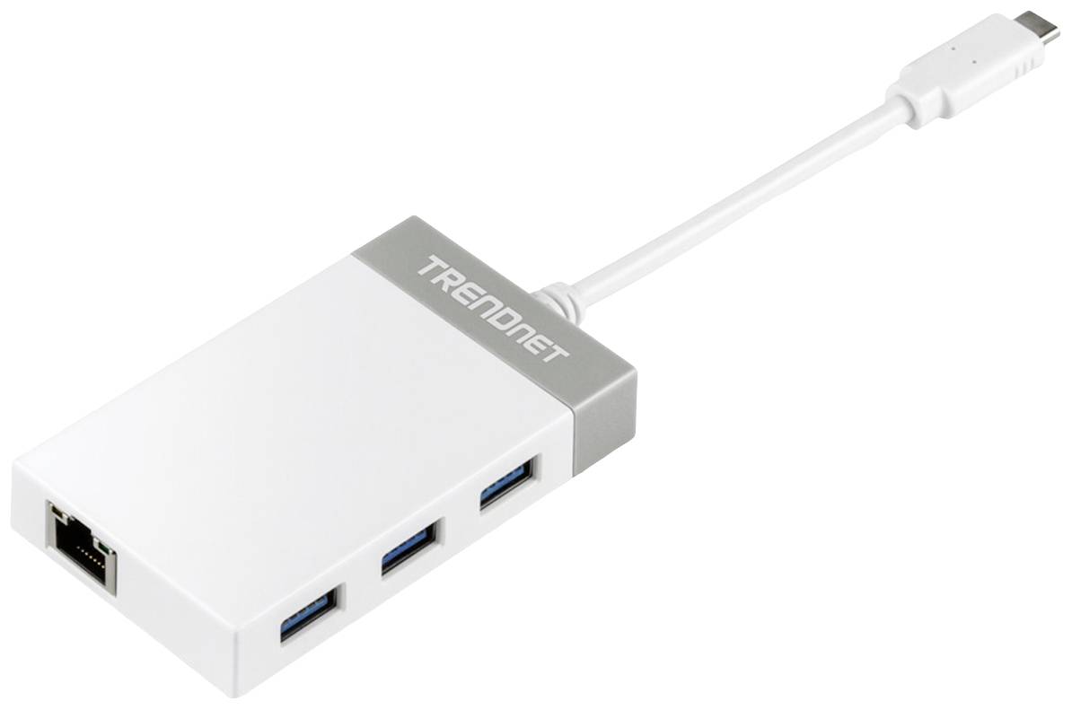 Externe USB-C-Hub von TRENDnet mit drei USB 3.0-Anschlüssen und einem Ethernet-Port, verbunden über ein kurzes Kabel.