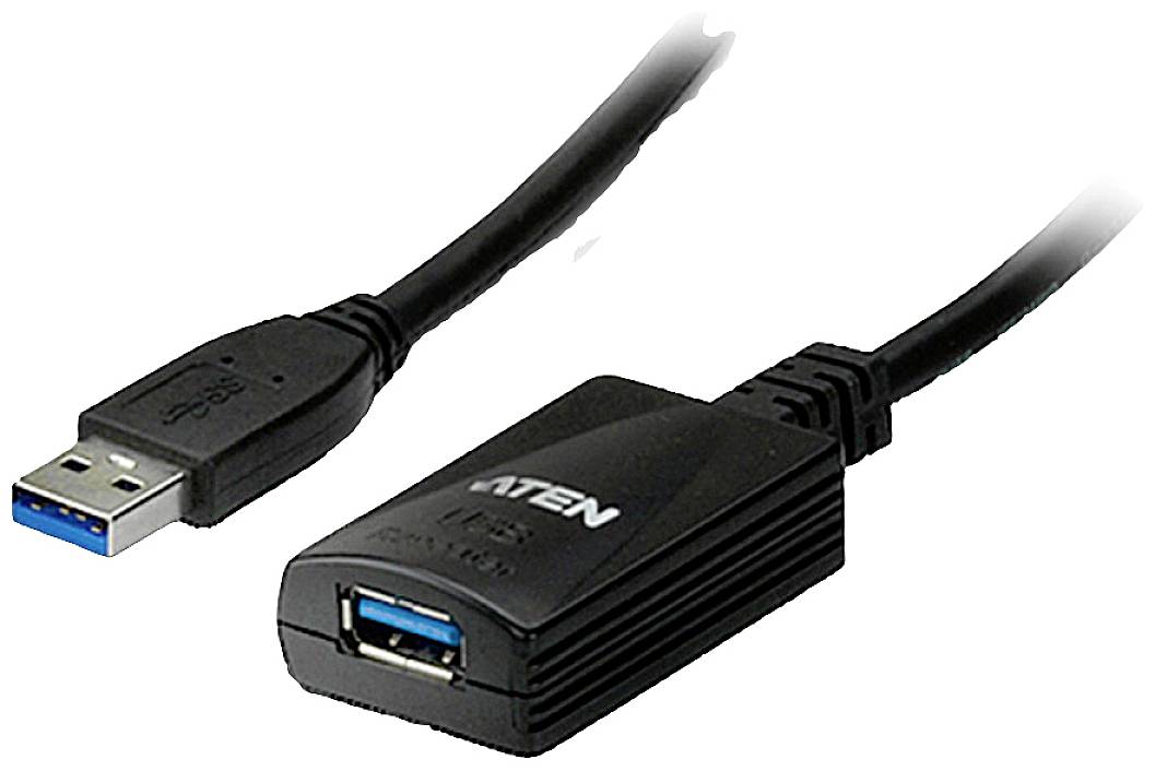 Ein USB-Verlängerungskabel mit einem USB-Stecker auf der linken Seite und einem USB-Anschluss auf der rechten Seite, mit dem Markennamen erkennbar.