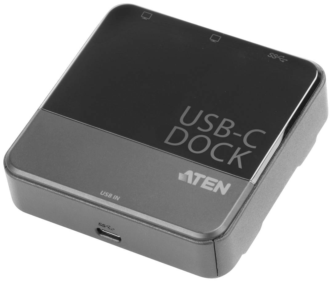 USB-C-Dockingstation von ATEN mit Anschluss USB IN auf der Vorderseite. Rechteckiges, kompaktes Design in Schwarz.