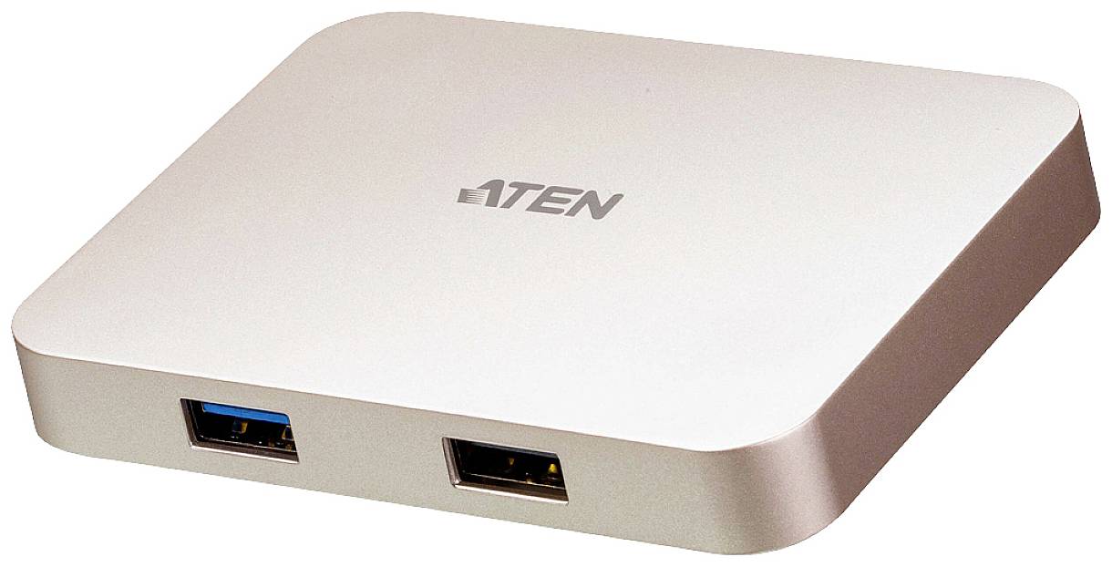 Ein weißer USB-Hub mit zwei USB-Anschlüssen an der Vorderseite, kompaktes und minimalistisches Design, markiert mit 'ATEN'.
