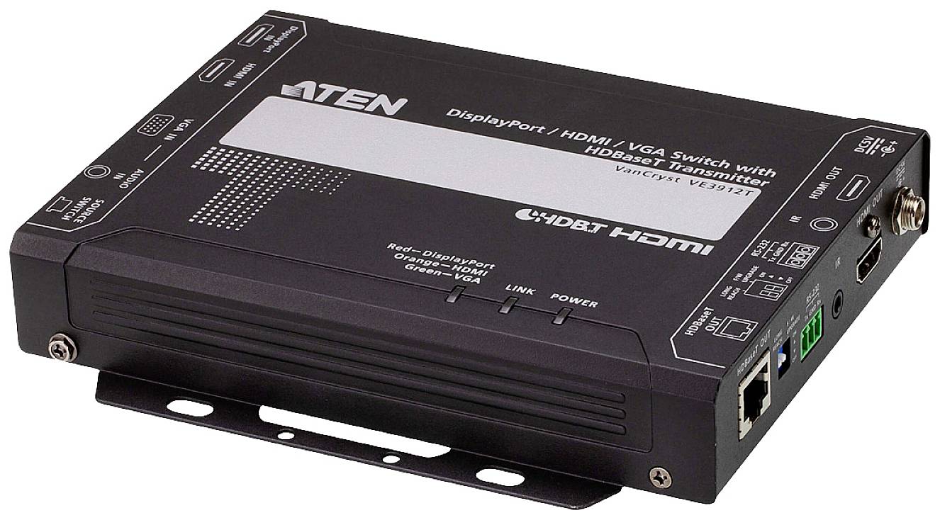 Ein schwarzer DisplayPort/HDMI/VGA-Switch von ATEN mit HDBaseT-Transmitter, Modell VE2812T. Bereitstellung von Video- und Audio-Signalen über lange Distanzen.