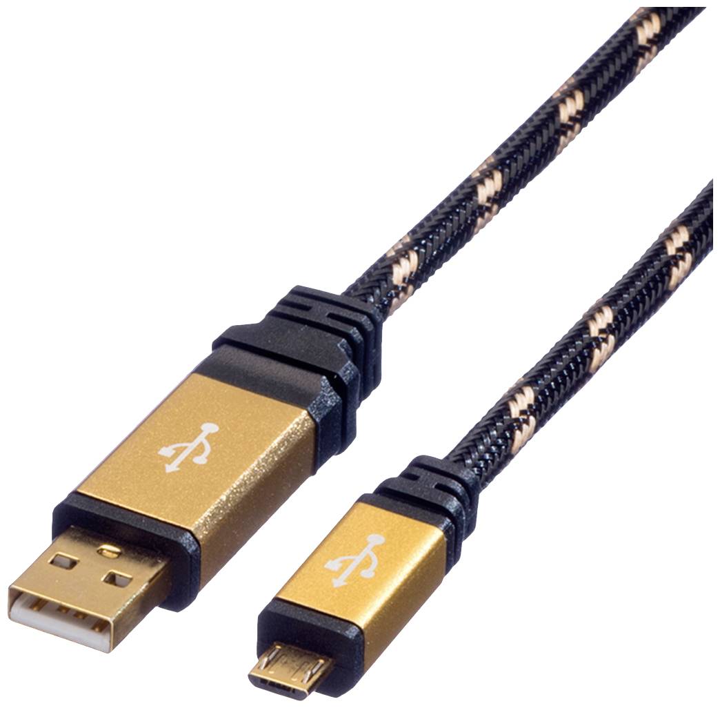 USB-Kabel mit goldenem Stecker und geflochtenem schwarz-bräunem Kabel in Nahaufnahme; links Standard-USB, rechts Micro-USB.