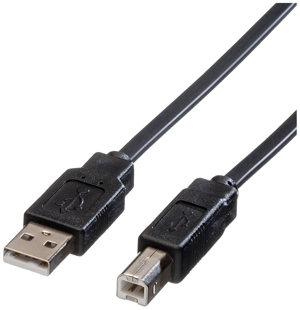 USB-Kabel mit einem Standard-USB-A-Stecker links und einem USB-B-Stecker rechts, oft für Drucker oder Scanner verwendet.