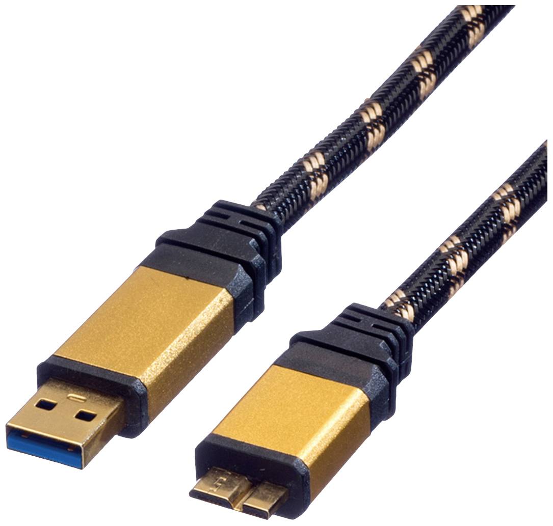 USB-Kabel mit goldfarbenen Steckern und schwarz-goldenem Kabelgeflecht. Passend für Datenübertragung und Ladegeräte.
