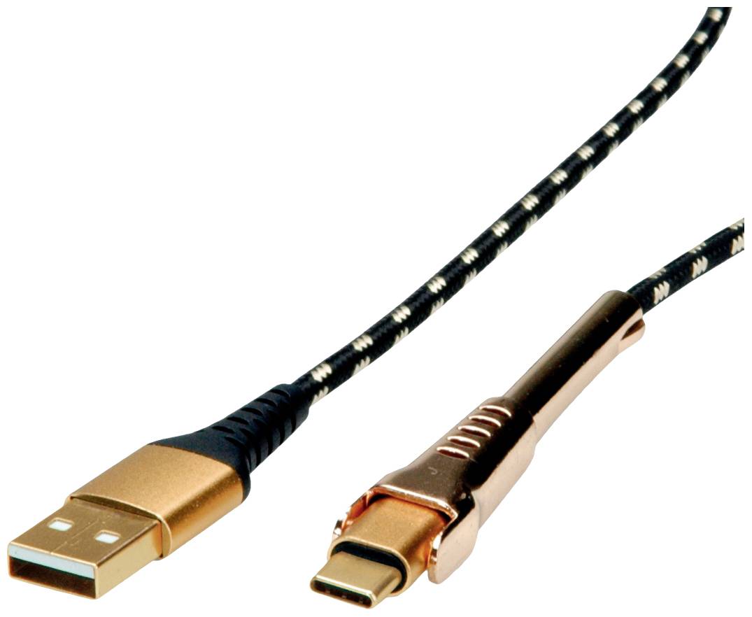 USB-A zu USB-C Kabel mit geflochtenem Design, goldene und schwarze Farbe, für Verbindung und Datenübertragung zwischen Geräten.