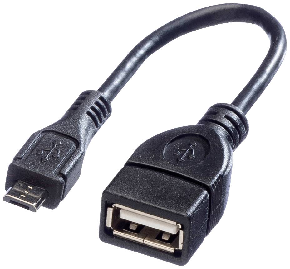 Ein schwarzes USB-Adapterkabel mit einem Micro-USB-Stecker an einem Ende und einer USB-A-Buchse am anderen Ende, verwendet zur Verbindung von Geräten.