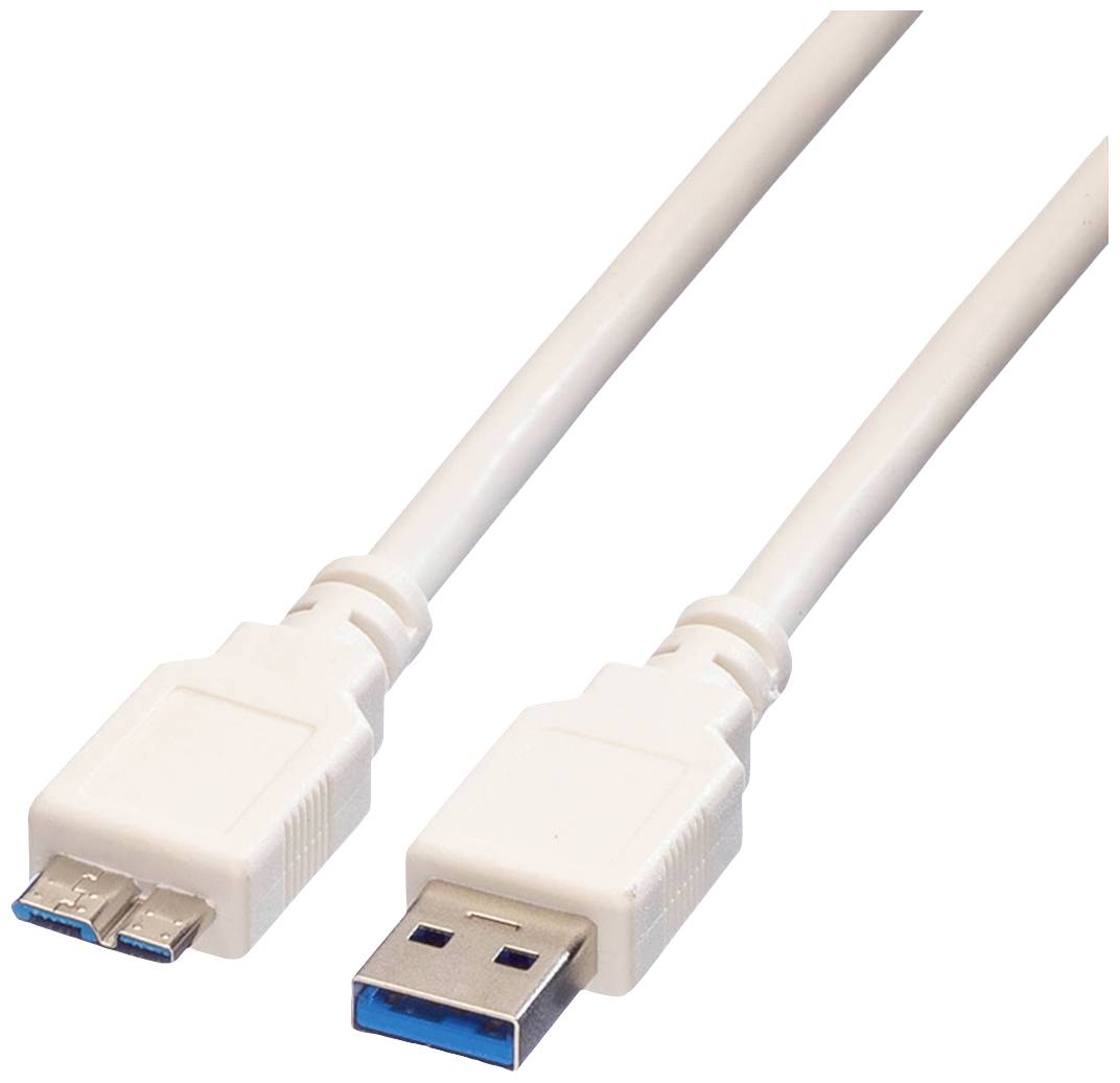 Ein weißes USB-Kabel mit USB-Stecker Typ A rechts und Micro-USB-Stecker links, geeignet zum Verbinden von Geräten mit unterschiedlichen Anschlüssen.