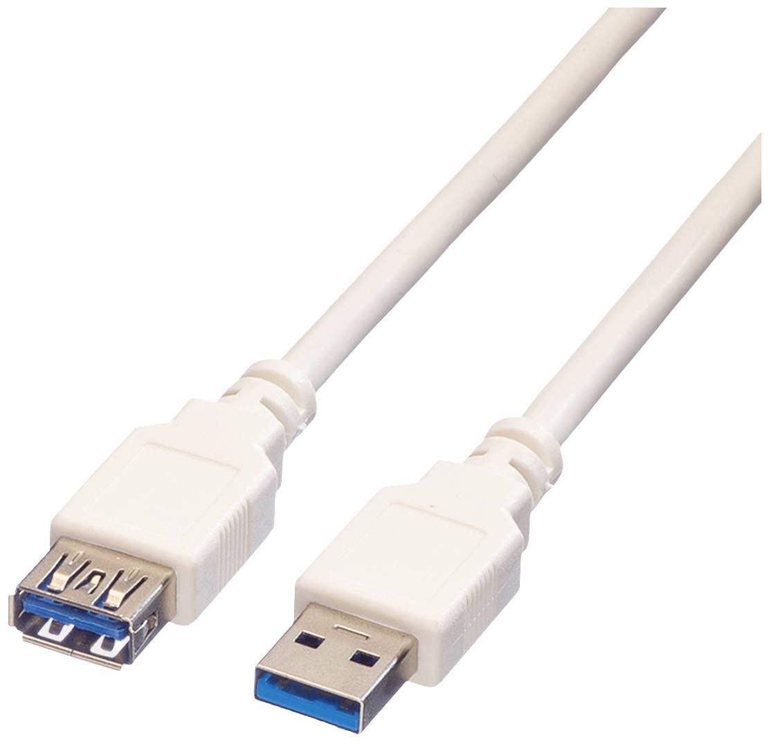 USB 3.0-Verlängerungskabel mit einem männlichen und einem weiblichen Stecker, weiß.