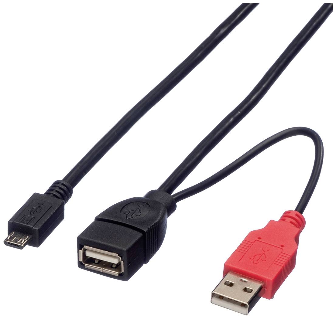 Roline USB-Kabel USB 2.0 USB-A Stecker, USB-A Buchse, USB-Micro-B Stecker 1.00m Schwarz Geschirmt 19.08.1009