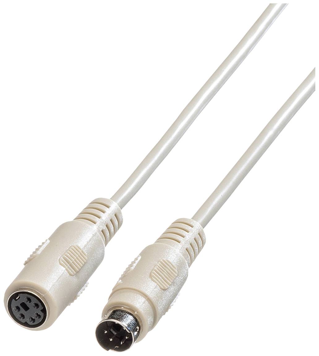 Ein PS/2-Kabel mit einem männlichen und einem weiblichen Stecker, typisch für ältere Computer-Tastatur- und Mausanschlüsse.