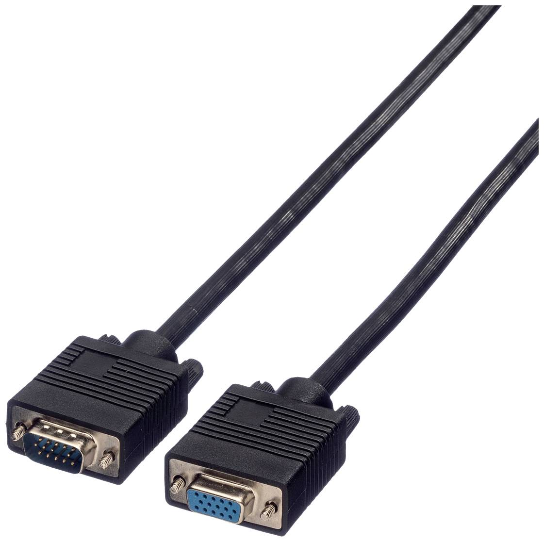 Zwei VGA-Stecker an einem Kabel: links ein Stecker mit Stiften, rechts eine Buchse.