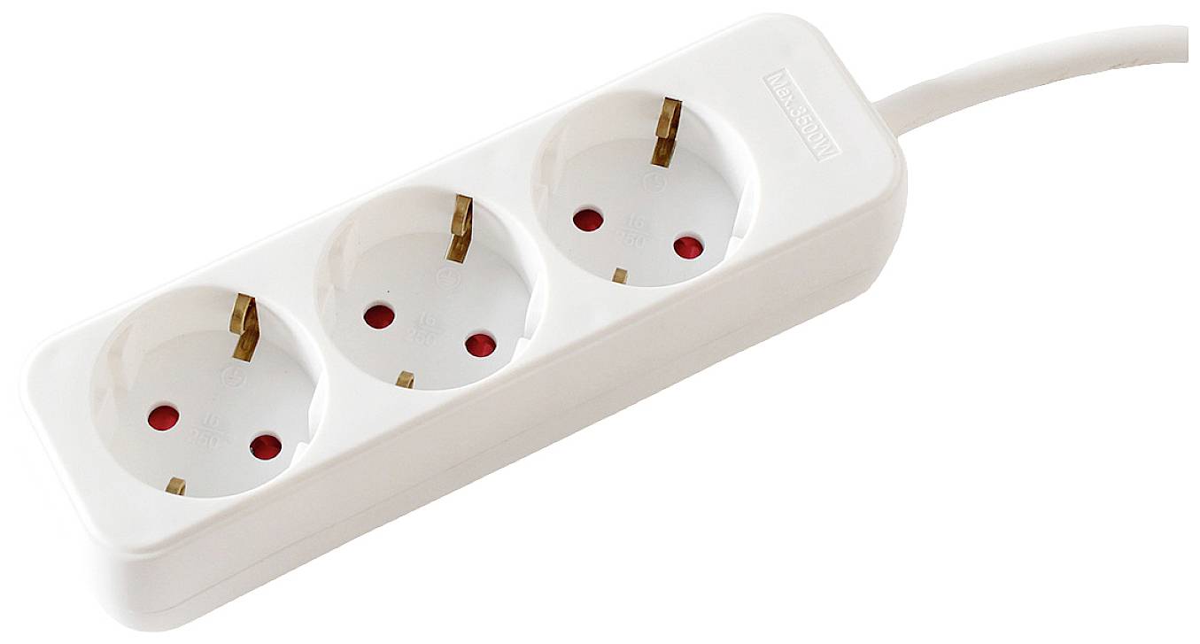 Dreifachsteckdose, weiße Farbe, mit Kabel, geeignet zum Anschluss mehrerer Elektrogeräte.