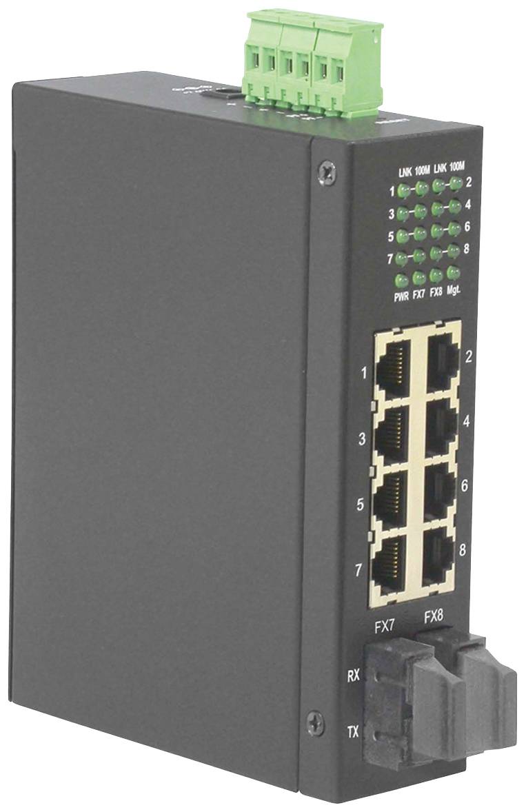 Ein schwarzer Netzwerk-Switch mit acht Ethernet-Ports und zwei Glasfaser-Ports. Oben befinden sich grüne LED-Anzeigen.