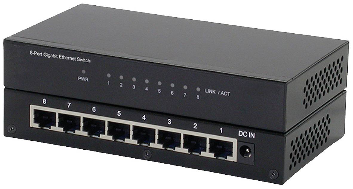 Ein schwarzer 8-Port-Gigabit-Ethernet-Switch mit Leuchtanzeigen für Strom und Aktivität sowie acht ethernet ports zur Netzwerkverbindung.