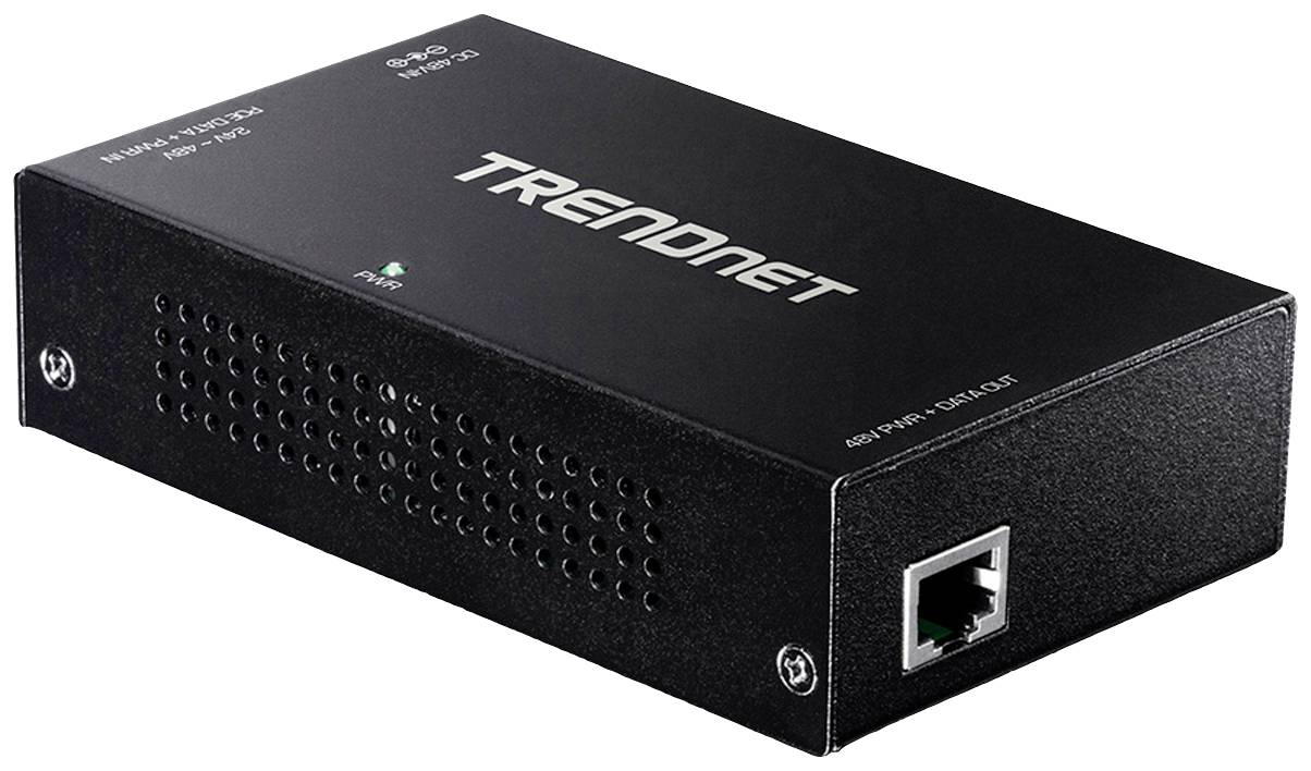 Schwarze TRENDnet Netzwerkbox mit Ethernet-Anschluss und Belüftungsschlitzen, Modell TEG-S31.