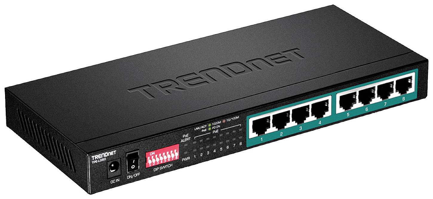 Ein schwarzer Netzwerk-Switch mit acht Ethernet-Ports, Netzschalter und Statusanzeige-LEDs auf der Vorderseite.