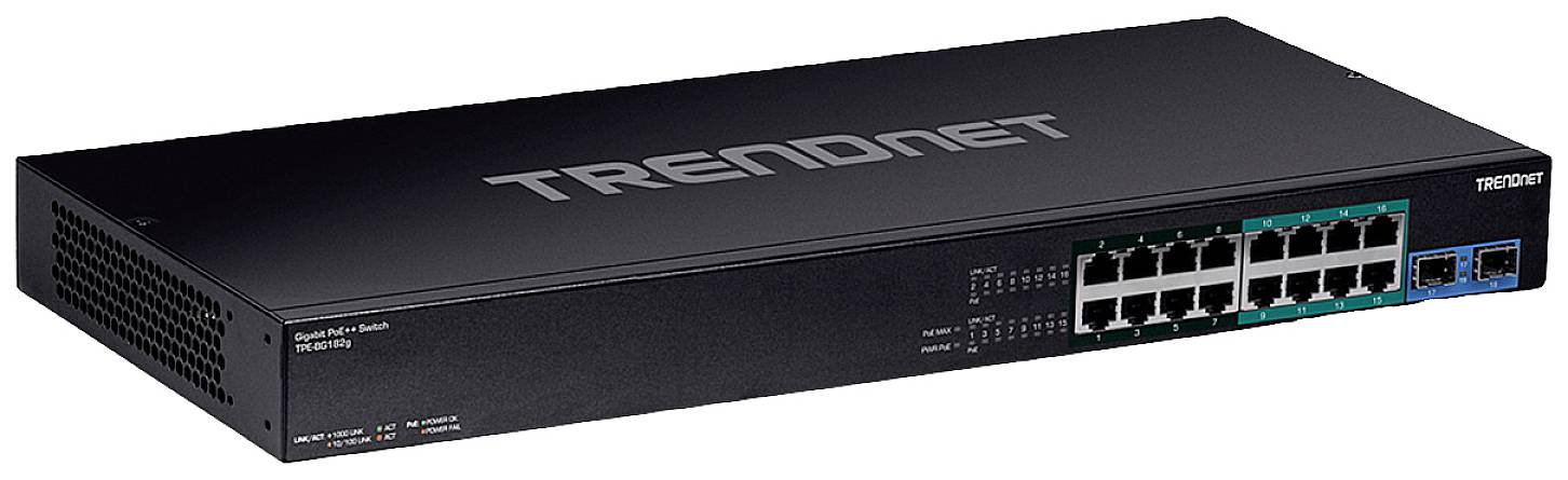 Ein schwarzer Netzwerk-Switch von TRENDnet mit 16 Ethernet-Ports und zwei weiteren Ports auf der rechten Seite.