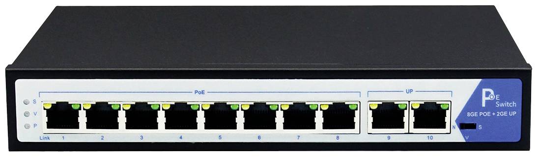 Netzwerk-Switch mit acht Ethernet-Ports, davon vier PoE (Power over Ethernet) Ports, in einem schwarzen Gehäuse.