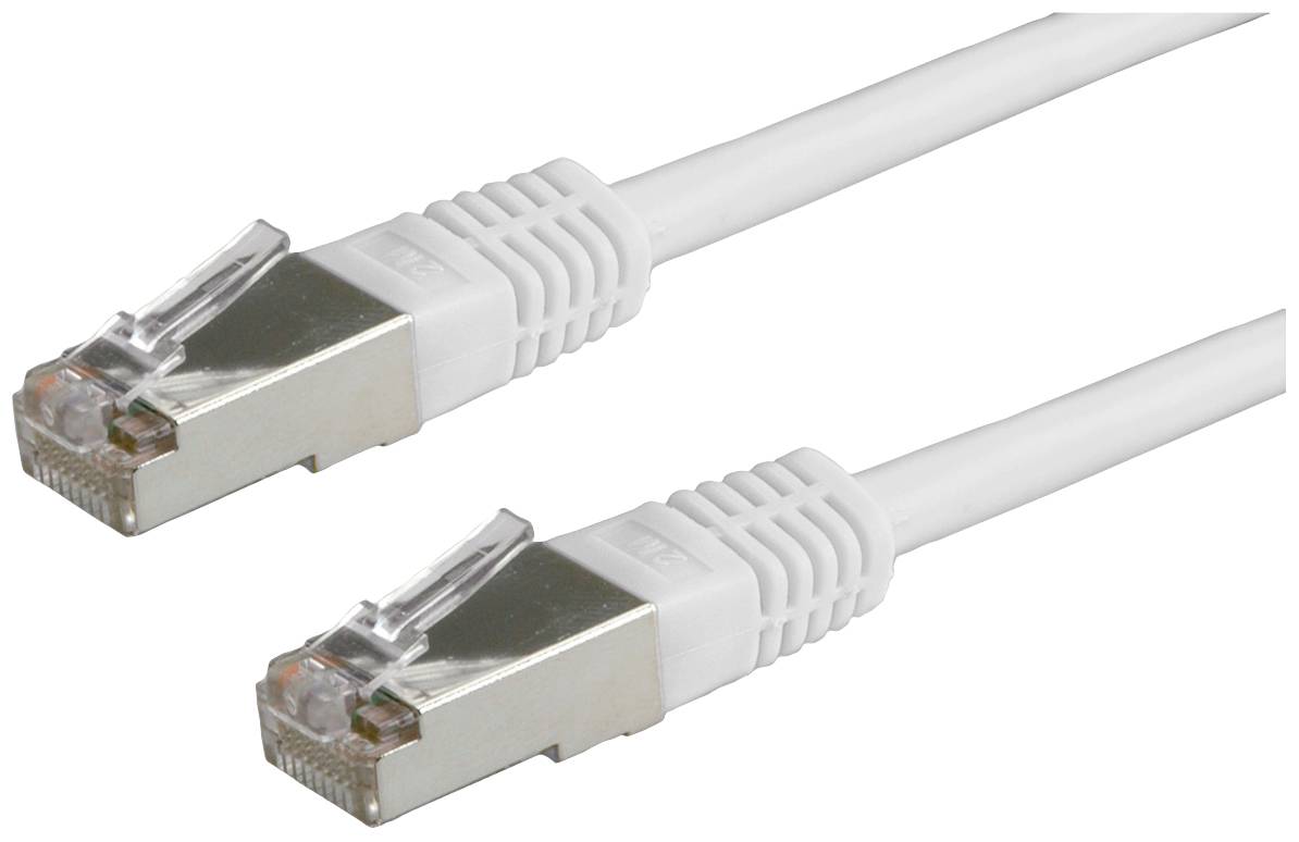 Zwei weiße Ethernet-Kabel mit Metallsteckern, die für Netzwerkverbindungen verwendet werden.