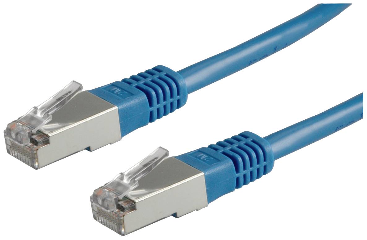 Zwei blaue Ethernet-Kabel mit RJ-45-Steckern an den Enden, verwendet für Netzwerkverbindungen.