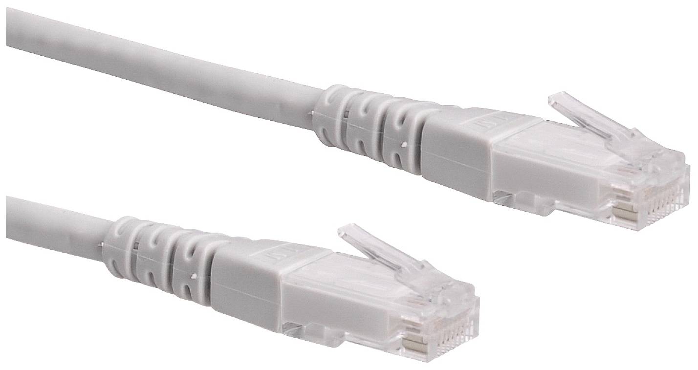 Zwei graue Ethernet-Kabelstecker mit Plastik-Clips, die für die Verbindung von Netzwerkgeräten genutzt werden.