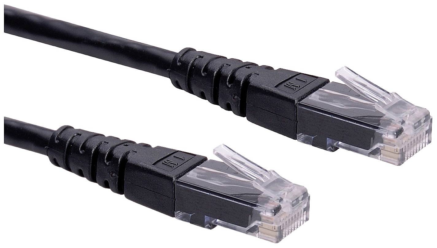 Zwei schwarze Ethernet-Kabel mit RJ45-Steckern zeigen in dieselbe Richtung. Sie werden häufig für Netzwerkverbindungen verwendet.
