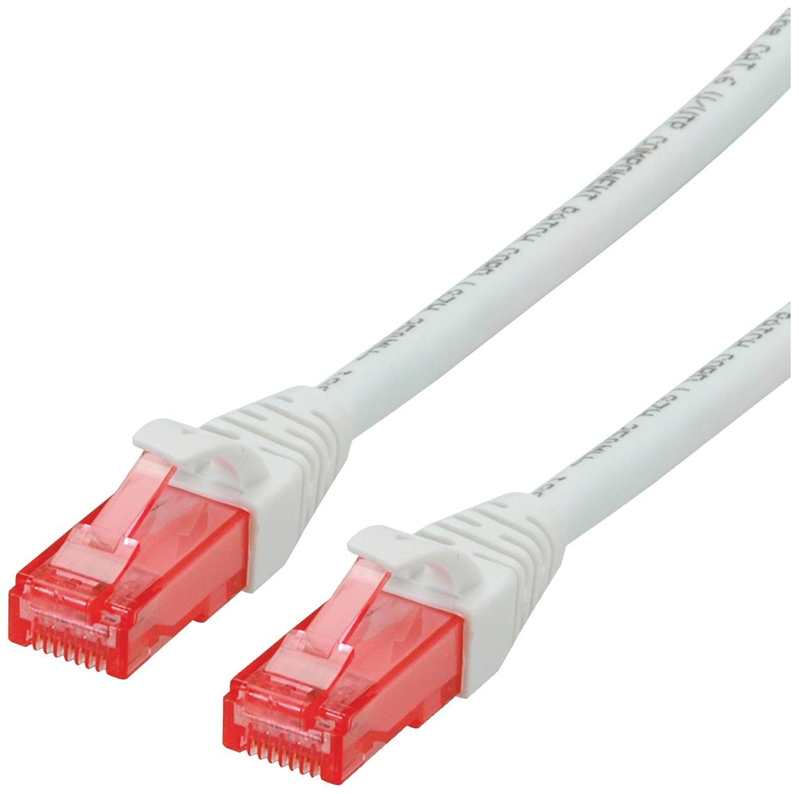 Ein weißes Ethernet-Kabel mit roten Steckern an beiden Enden, verwendet für Netzwerkverbindungen.