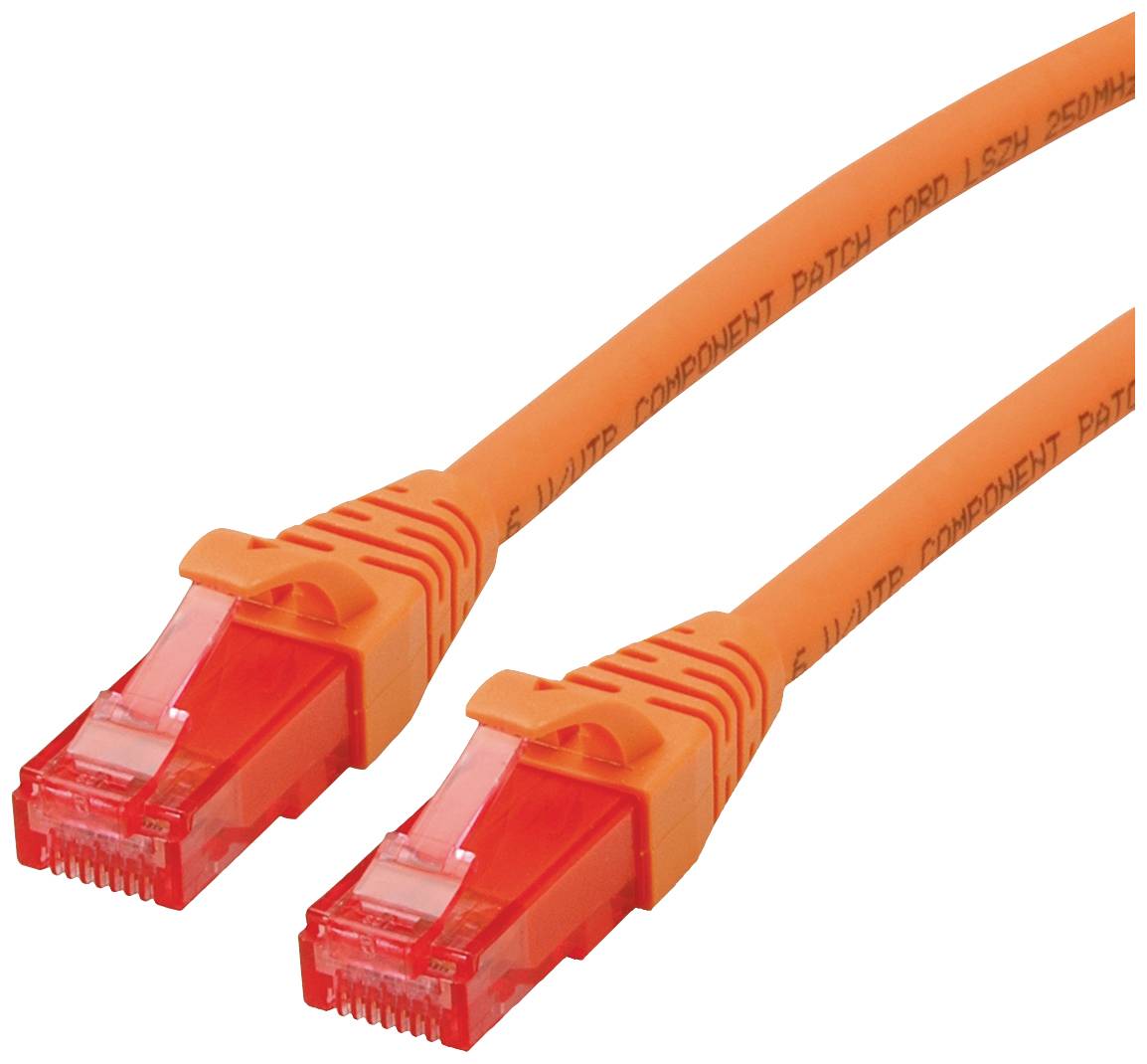 Zwei orange Ethernet-Patchkabel mit transparenten RJ-45-Steckern für Netzwerkverbindungen.
