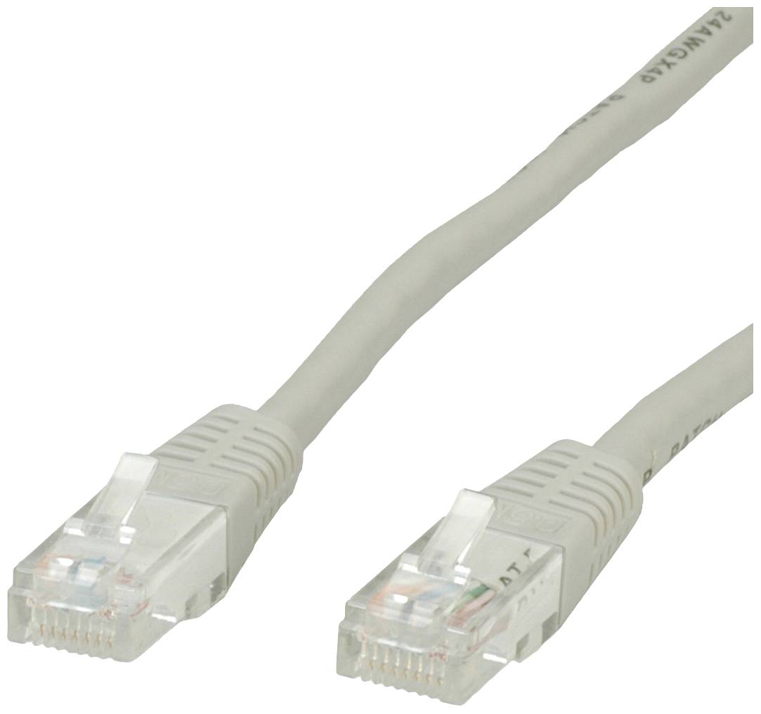 Ein graues Ethernet-Kabel mit zwei RJ45-Steckern an den Enden, verwendet für Netzwerkverbindungen.